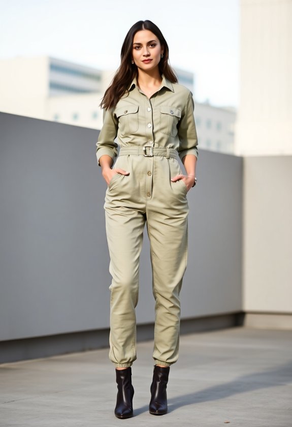 utility jumpsuit ankle boots